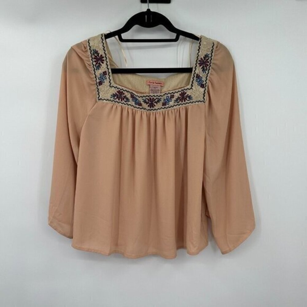 Flying Tomato Womens Blouse Large Beige Short Sleeves Embroidered Casual Preppy